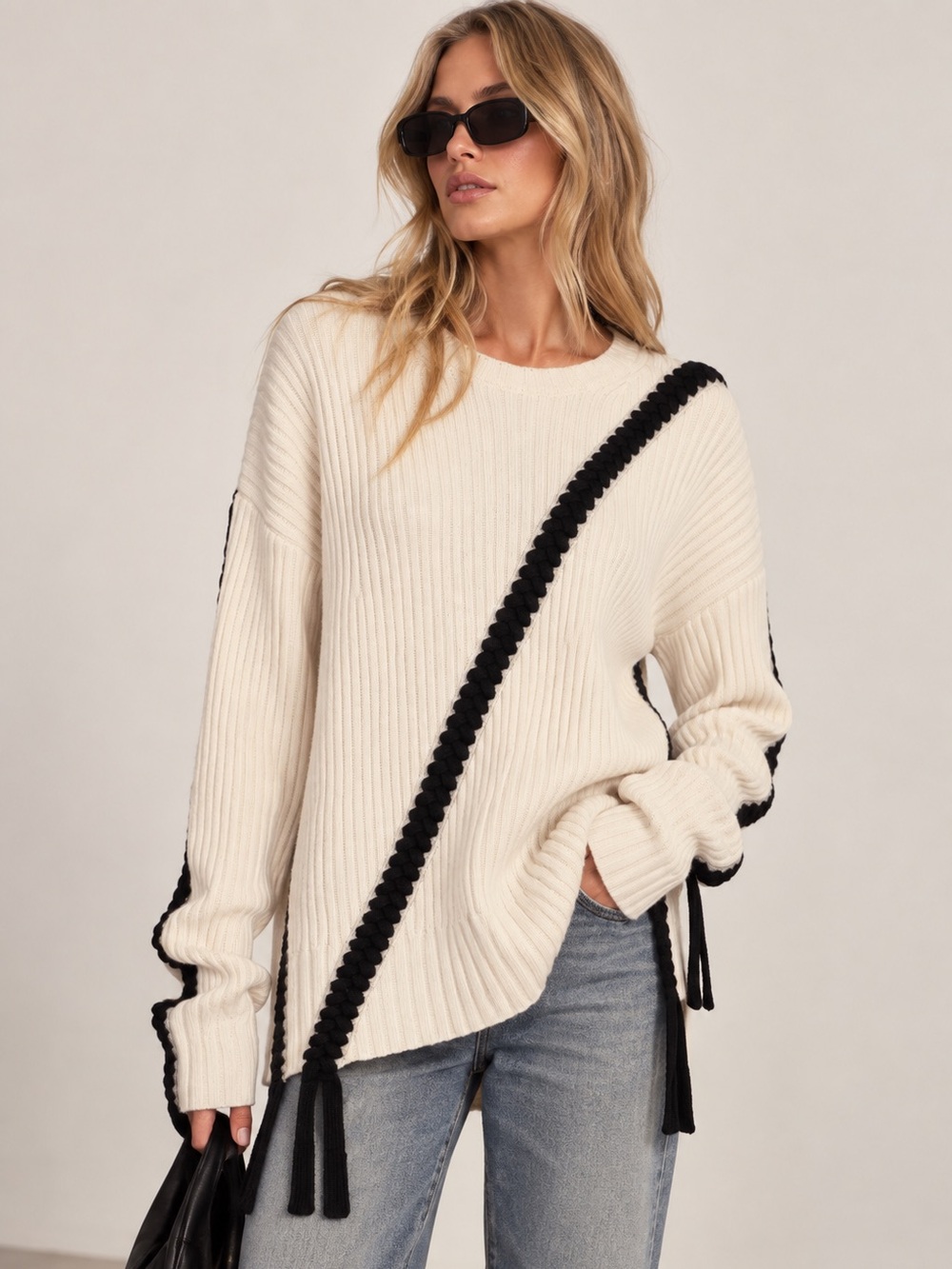 Derek Lam 10 Crosby Ribbed Wool Crewneck Sweater Braided Detail in Ivory Size S